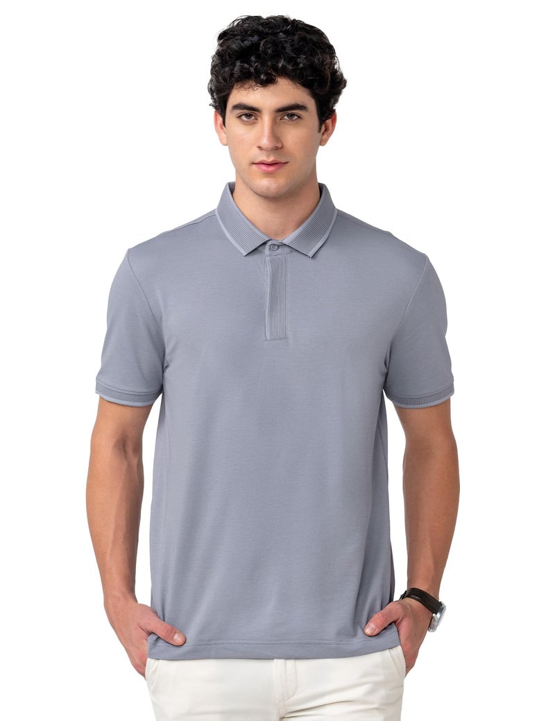 DAMENSCH All-Degree Solid Buttoned Polo T Shirt for Man, Pique Textured, Cotton, Thermoregulating Mens T Shirts with Collar, Recycled Fabric Tshirt Polo-Lilac Ash-XL - Image 1