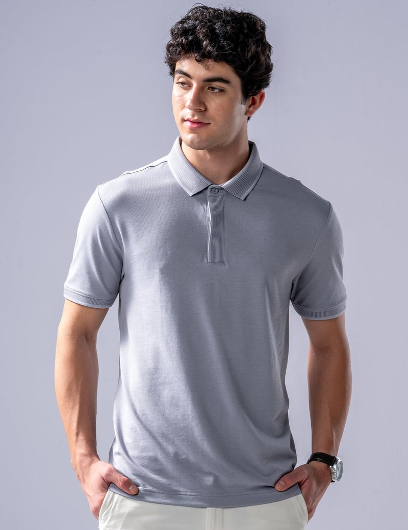 DAMENSCH All-Degree Solid Buttoned Polo T Shirt for Man, Pique Textured, Cotton, Thermoregulating Mens T Shirts with Collar, Recycled Fabric Tshirt Polo-Lilac Ash-XL - Image 2