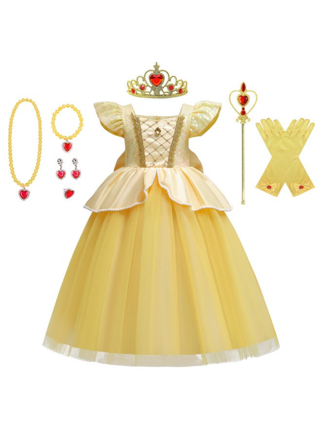 New Halloween Belle Princess Dress Girls Cos Beauty And Beast Bell Dress Puff Sleeve Skirt