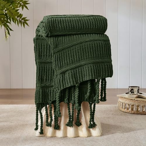 DOWN HOME Boho Knitted Chenille Blanket with Tassels - Lightweight & Soft All-Season Throw - 3D Classic Pattern for Living Room Bedroom Couch, Imperial Green, Throw 50"x60" - Image 1