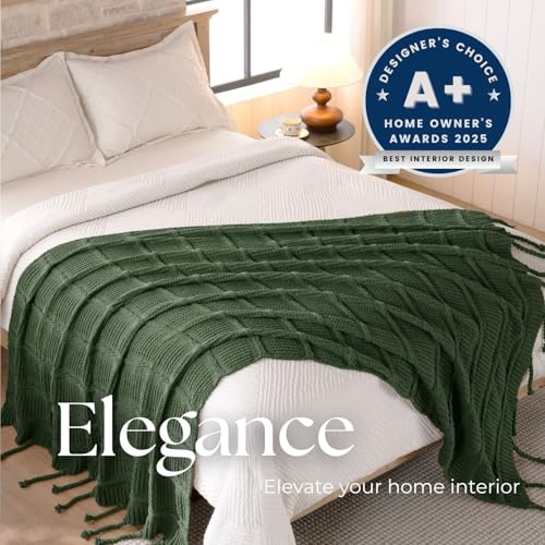 DOWN HOME Boho Knitted Chenille Blanket with Tassels - Lightweight & Soft All-Season Throw - 3D Classic Pattern for Living Room Bedroom Couch, Imperial Green, Throw 50"x60" - Image 2