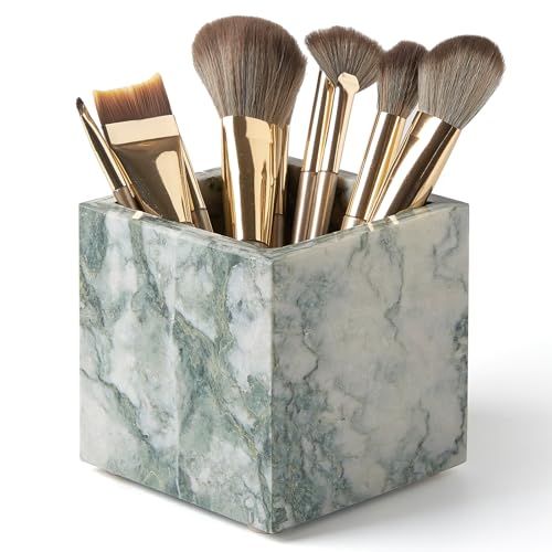 MULWR Real Luxurious Natural Marble Toothbrush Holder & Makeup Brush Organizer & Pen Holder for Desk,3.93inch Square Marble Utensil Holder Non-Ceramic/Non-Resin （Cyan Green） - Image 1