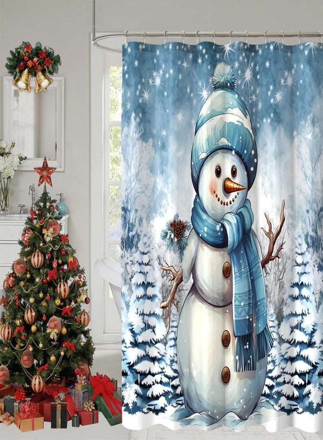 YOSTEV Christmas Shower Curtains for Bathroom, Blue Snowman Christmas Tree Pine Bathroom Curtain Decoration, Kids Winter Holiday Shower Curtain, Xmas Pine Fabric Cloth Bath Curtain 72x72 Inch - Image 1