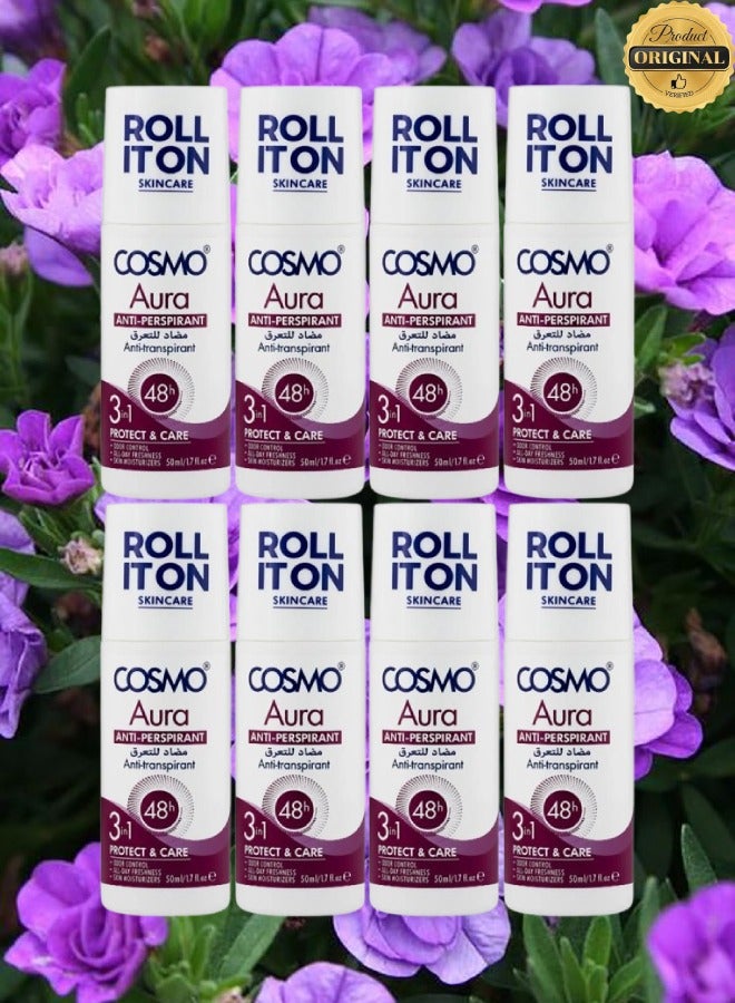 COSMO 8 Pieces Roll It On Aura Anti Perspirant 48h 3 in 1  - Image 1