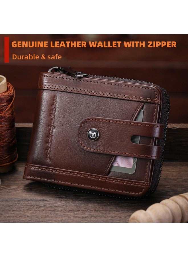 BULLCAPTAIN Genuine Leather Men's Wallet with Zipper Vintage RFID Blocking Large Capacity Wallet for Men with 14 Credit Card Slots and 1 ID Window, Brown - Image 2