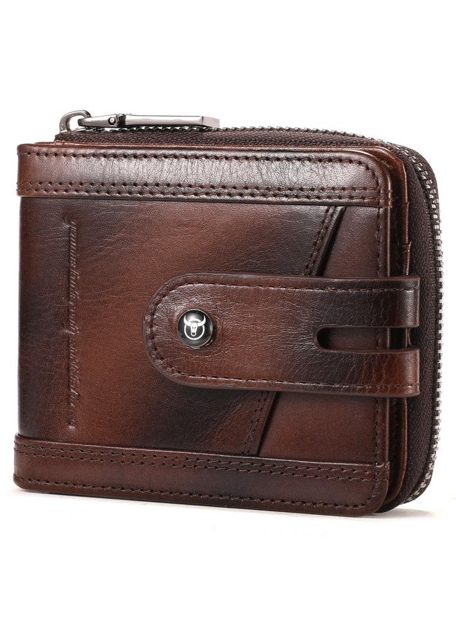BULLCAPTAIN Genuine Leather Men's Wallet with Zipper Vintage RFID Blocking Large Capacity Wallet for Men with 14 Credit Card Slots and 1 ID Window, Brown - Image 1