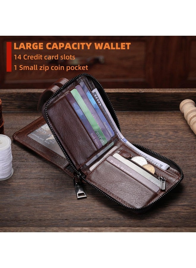 BULLCAPTAIN Genuine Leather Men's Wallet with Zipper Vintage RFID Blocking Large Capacity Wallet for Men with 14 Credit Card Slots and 1 ID Window, Brown - Image 4
