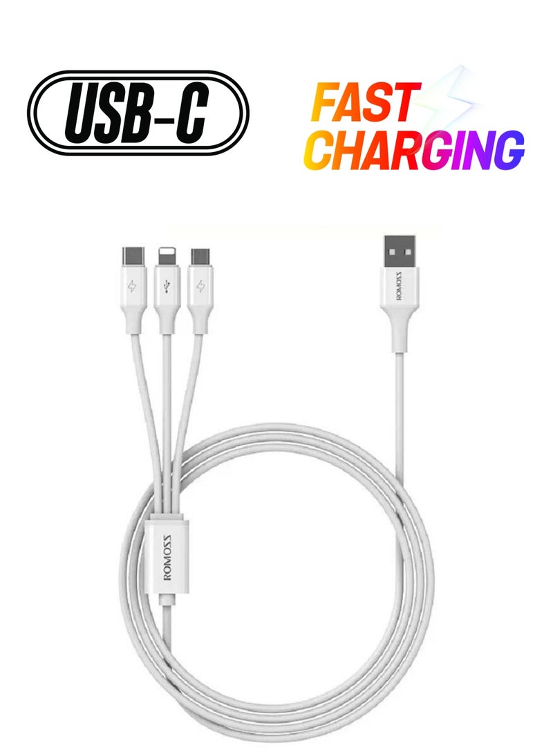 ROMOSS CB251V 3 in 1 Charge and Data Cable Lightning, Type-C and Micro USB Fast Charge Cable 3.5A White - Image 1