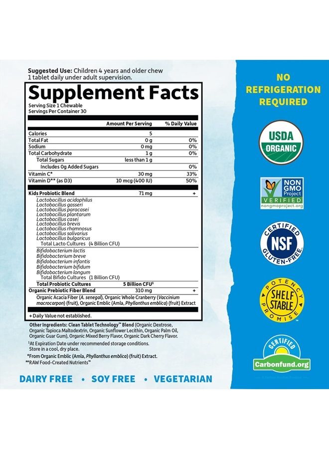 Garden of Life Dr. Formulated Probiotics Organic Kids+ Plus Vitamin C & D - Berry Cherry - Gluten, Dairy & Soy Free Immune & Digestive Health Supplement, No Added Sugar, 30 Chewables (Shelf Stable)  - Image 5