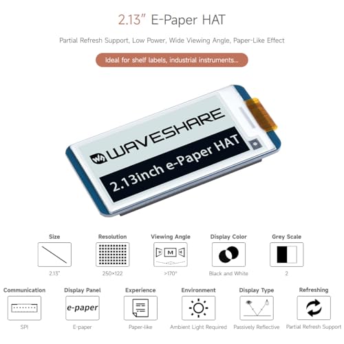 waveshare 2.13inch E-Ink Display HAT V4 Version Compatible with Raspberry Pi Raspberry Pi 5/4B/3B/Zero/Zero W/Zero 2W/Pico/Pico W/Pico WH, 250x122 Resolution SPI Interface Supports Partial Refresh - Image 3