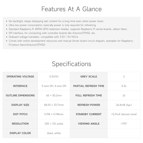 waveshare 2.13inch E-Ink Display HAT V4 Version Compatible with Raspberry Pi Raspberry Pi 5/4B/3B/Zero/Zero W/Zero 2W/Pico/Pico W/Pico WH, 250x122 Resolution SPI Interface Supports Partial Refresh - Image 4