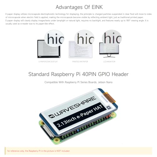 waveshare 2.13inch E-Ink Display HAT V4 Version Compatible with Raspberry Pi Raspberry Pi 5/4B/3B/Zero/Zero W/Zero 2W/Pico/Pico W/Pico WH, 250x122 Resolution SPI Interface Supports Partial Refresh - Image 5