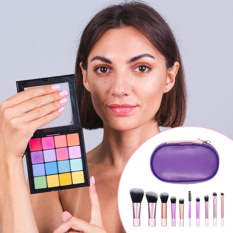 EupHHonycs Mini Travel Makeup Brush Set With Pouch, 10 Pcs Portable Full Complete Function Cosmetic Kit Short Makeup Brush Small Travel Essentials for Women Girls Brushes Blush Powder Eye Shadow (Colorful) - Image 4