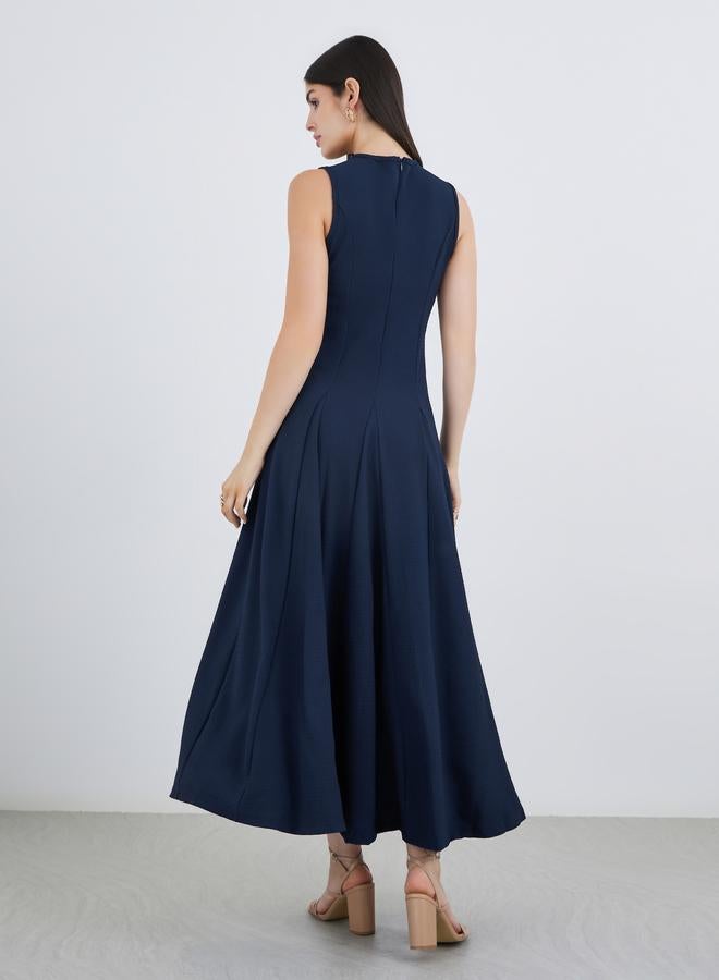 ستايلي فستان ماكسي أزرق داكن بياقة مربوطة وتصميم - - Image 5