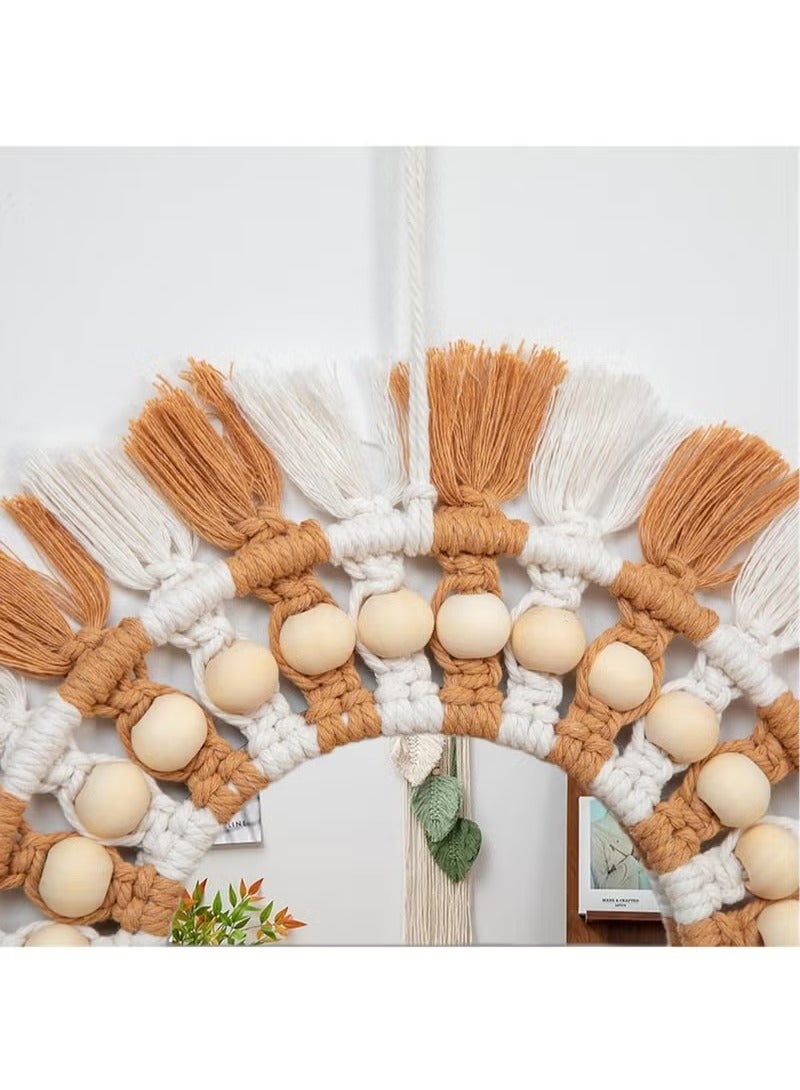 Arabest مرآة حائط زخرفية مصنوعة يدويًا برباط قطن للديكور المنزلي، زخرفة مرآة بأسلوب بوهيمي، (بني) - Image 3