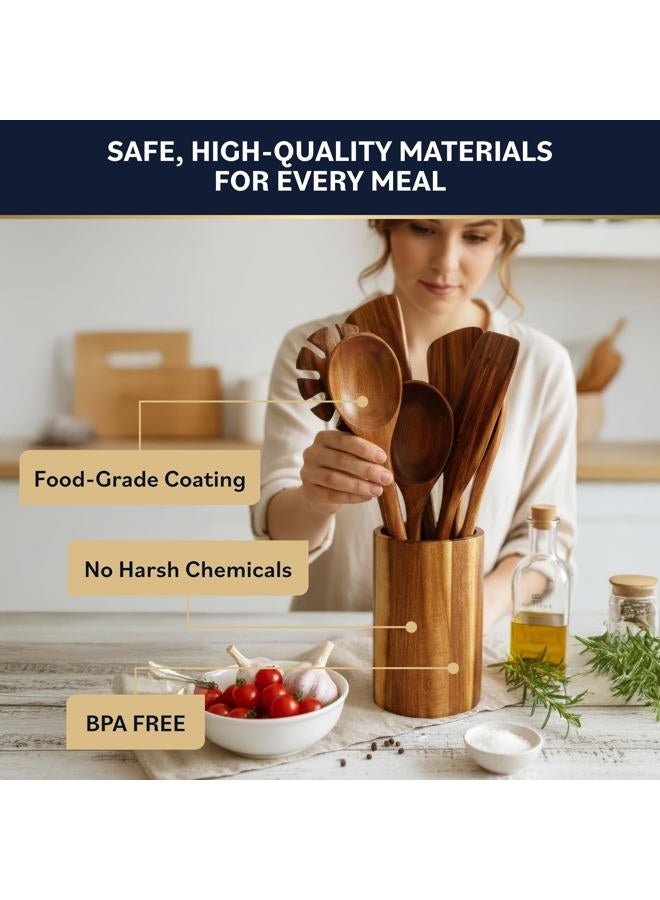HomeHero Wooden Utensil Set 11 Pcs – Natural Teak Wooden Kitchen Utensils Set with Sturdy, Easy-to-Clean Wooden Spoons for Cooking – Non-Scratch Teak Cooking Utensils (11 pcs) - Image 5