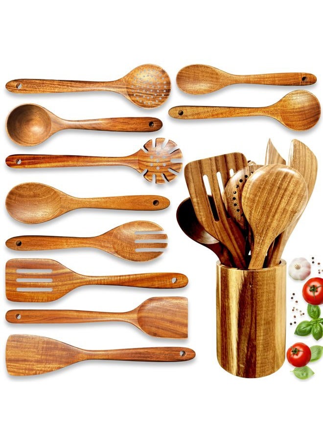 HomeHero Wooden Utensil Set 11 Pcs – Natural Teak Wooden Kitchen Utensils Set with Sturdy, Easy-to-Clean Wooden Spoons for Cooking – Non-Scratch Teak Cooking Utensils (11 pcs) - Image 1