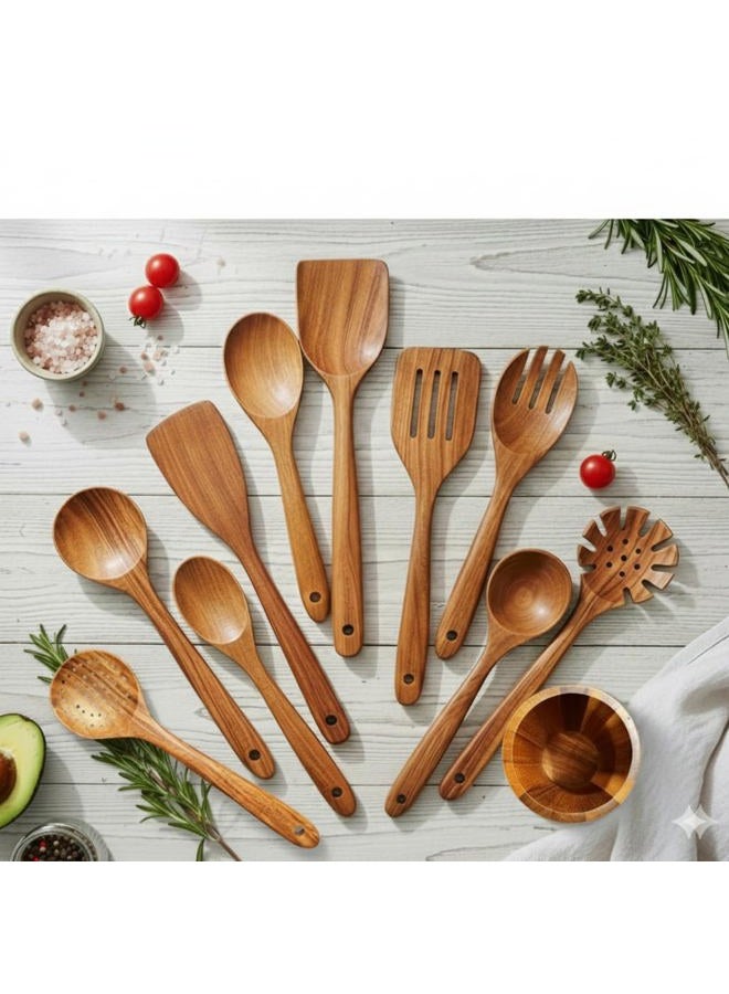 HomeHero Wooden Utensil Set 11 Pcs – Natural Teak Wooden Kitchen Utensils Set with Sturdy, Easy-to-Clean Wooden Spoons for Cooking – Non-Scratch Teak Cooking Utensils (11 pcs) - Image 4