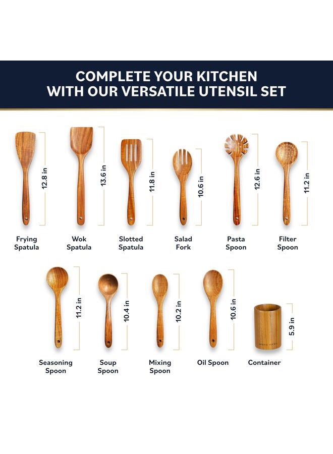 HomeHero Wooden Utensil Set 11 Pcs – Natural Teak Wooden Kitchen Utensils Set with Sturdy, Easy-to-Clean Wooden Spoons for Cooking – Non-Scratch Teak Cooking Utensils (11 pcs) - Image 3