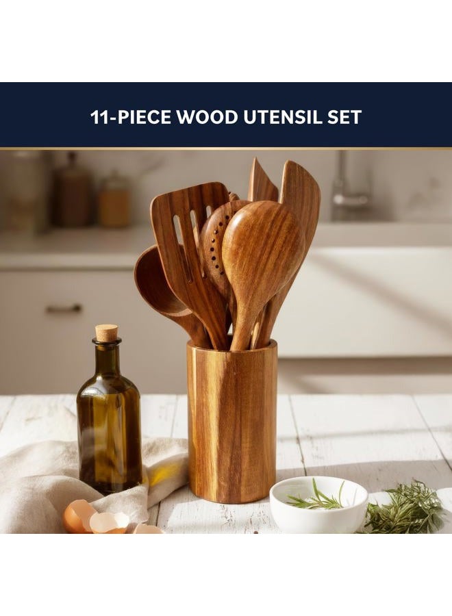 HomeHero Wooden Utensil Set 11 Pcs – Natural Teak Wooden Kitchen Utensils Set with Sturdy, Easy-to-Clean Wooden Spoons for Cooking – Non-Scratch Teak Cooking Utensils (11 pcs) - Image 2