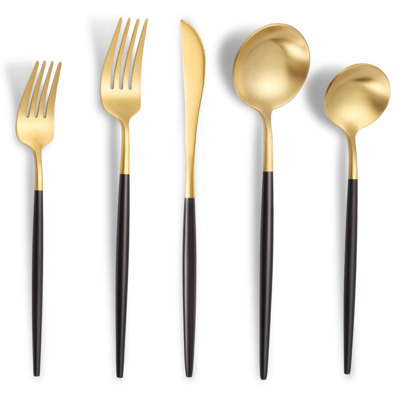 Lemeya Matte Black Gold Silverware Set for 4Modern Stainless Steel Brushed Cutlery Set20Pieces Heavy Duty Flatware SetKnives Spoons and Forks Set Utensils Set Satin Finish Dishwasher Safe