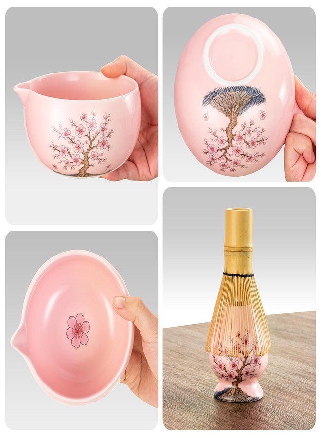 DELLAN طقم مضرب ماتشا ديلان، طقم ماتشا بزهر الكرز، يتضمن وعاء ماتشا سيراميك، مضرب وحامل، مغرفة من الخيزران، مسند مغرفة، منخل، بطاقة تهنئة، ومنشفة شاي - طقم ماتشا من 8 قطع، لون وردي - Image 2