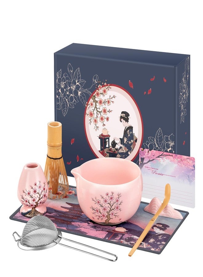 DELLAN طقم مضرب ماتشا ديلان، طقم ماتشا بزهر الكرز، يتضمن وعاء ماتشا سيراميك، مضرب وحامل، مغرفة من الخيزران، مسند مغرفة، منخل، بطاقة تهنئة، ومنشفة شاي - طقم ماتشا من 8 قطع، لون وردي - Image 1