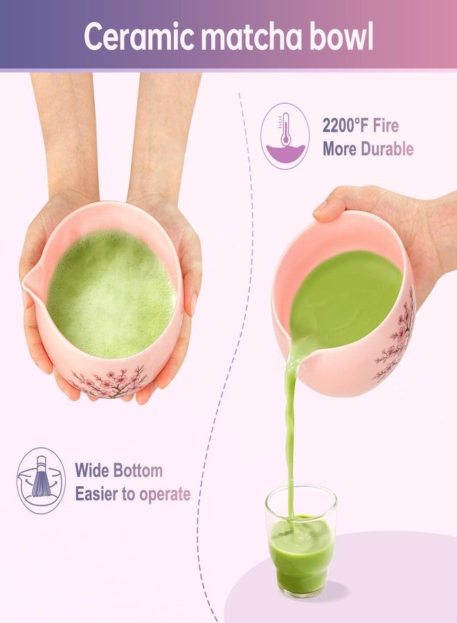 DELLAN طقم مضرب ماتشا ديلان، طقم ماتشا بزهر الكرز، يتضمن وعاء ماتشا سيراميك، مضرب وحامل، مغرفة من الخيزران، مسند مغرفة، منخل، بطاقة تهنئة، ومنشفة شاي - طقم ماتشا من 8 قطع، لون وردي - Image 3