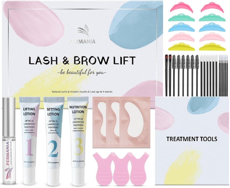 PERMANIA Lash Lift Kit 2 in 1 Upgraded Eyelash Perming Brow Lamination Kit Safe Effective Salon Results Gentle Formula Beginner Friendly Eyelash Lift Kit Last Up to 46 Weeks
