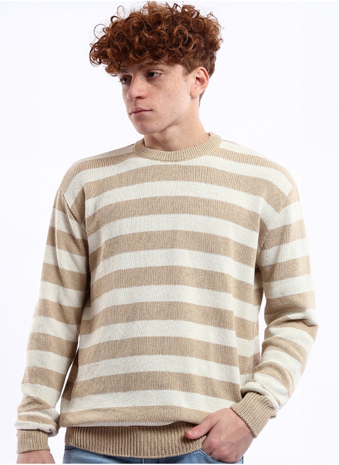 RAVIN Striped Beige & Mocha Slip On Knitted Pullover  - Image 4