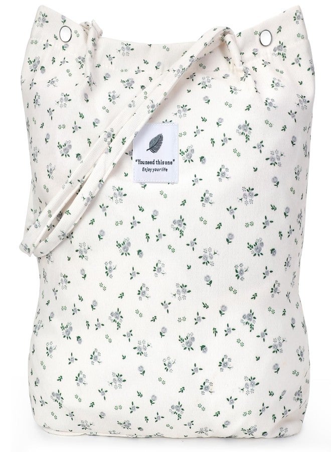 LHMTQVK Tote Women Girls, Large Capacity Corduroy Reusable Grocery Shoulder Bag with Inner Pockets, Small Grey Flower, Large, Small Grey Flower - Image 1