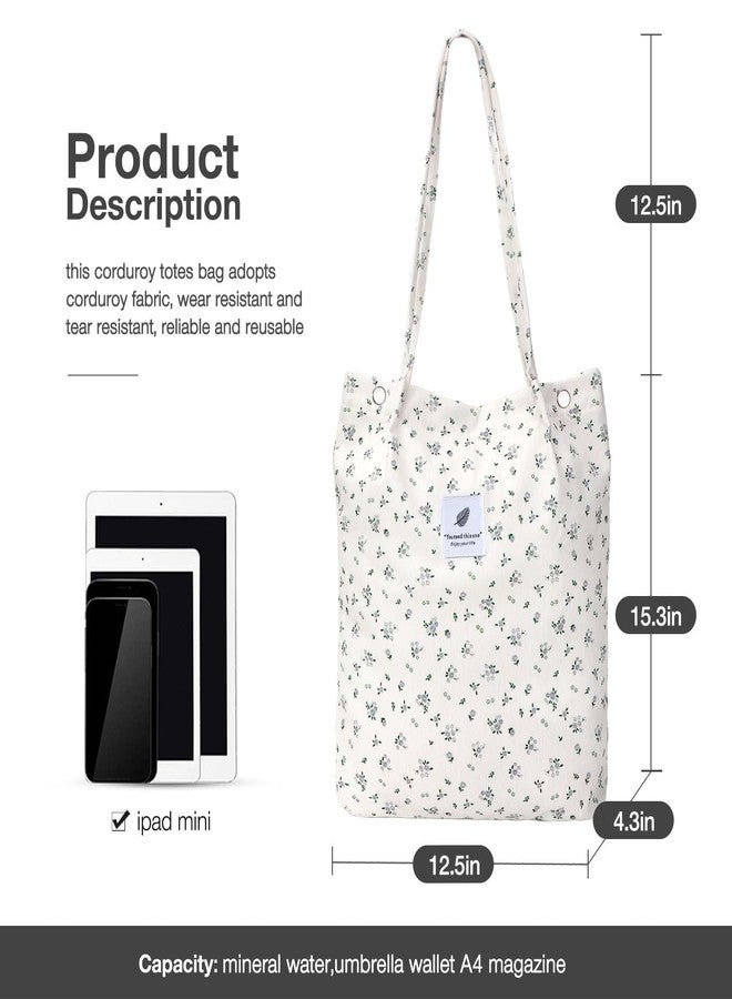 LHMTQVK Tote Women Girls, Large Capacity Corduroy Reusable Grocery Shoulder Bag with Inner Pockets, Small Grey Flower, Large, Small Grey Flower - Image 3