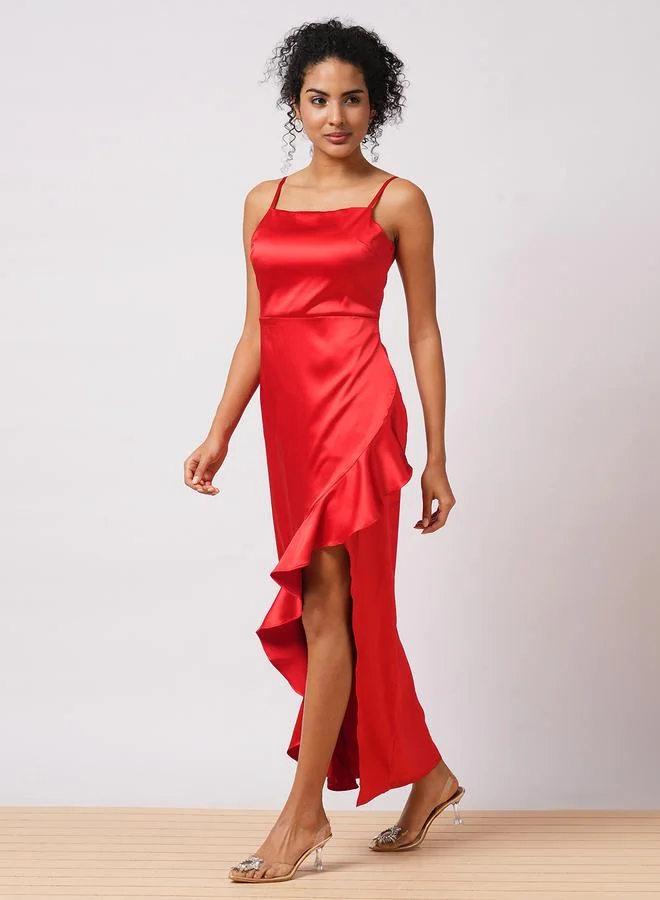 globus Globus Women Red Solid Satin Asymmetric Hem Sheath Maxi Dress with Ruffle Detail