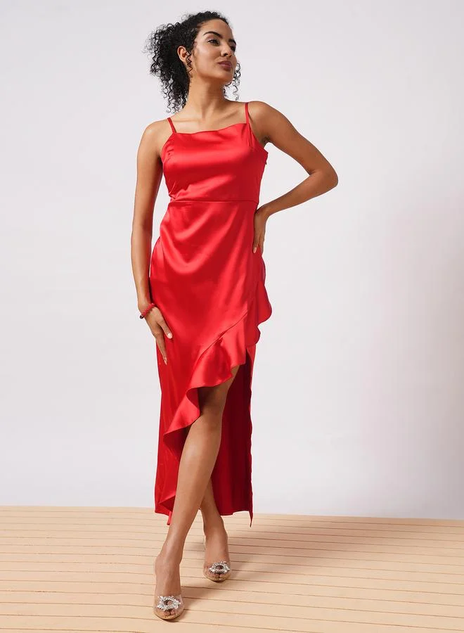 globus Globus Women Red Solid Satin Asymmetric Hem Sheath Maxi Dress with Ruffle Detail