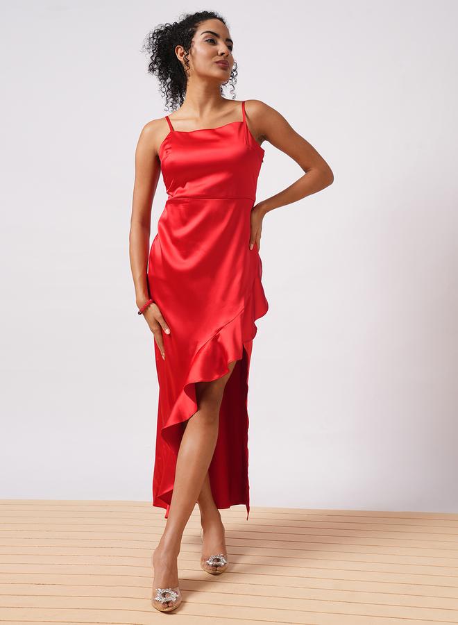 globus Women Red Solid Satin Asymmetric Hem Sheath Maxi Dress with Ruffle Detail - Image 1
