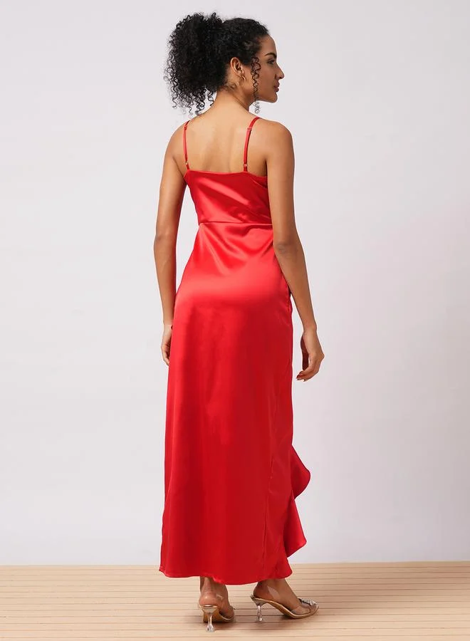 جلو باص Globus Women Red Solid Satin Asymmetric Hem Sheath Maxi Dress with Ruffle Detail