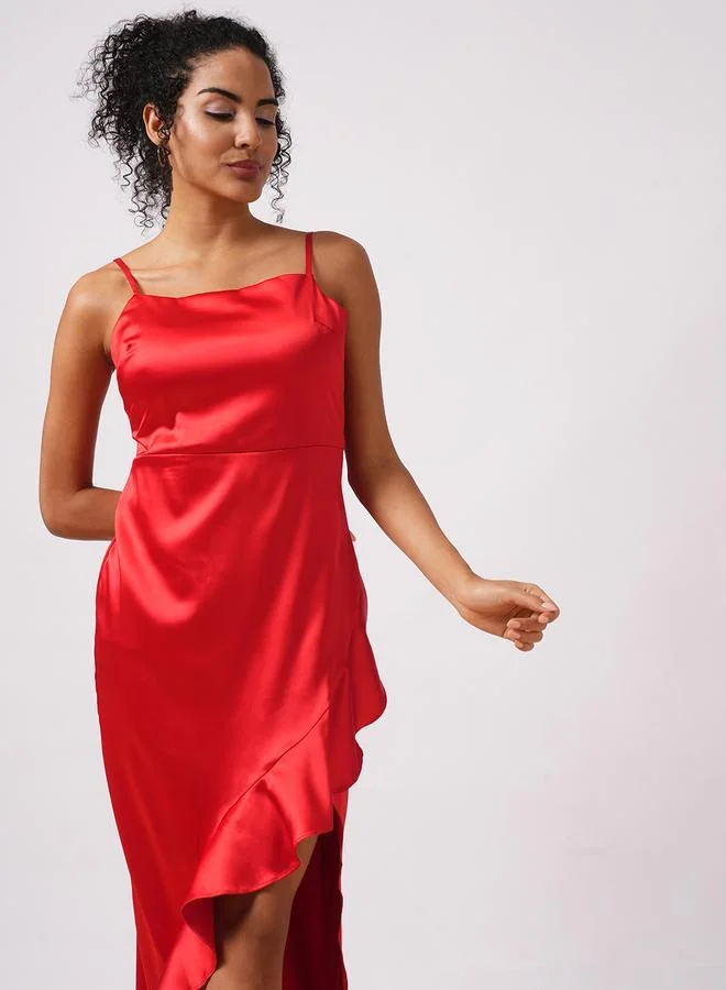 جلو باص Globus Women Red Solid Satin Asymmetric Hem Sheath Maxi Dress with Ruffle Detail