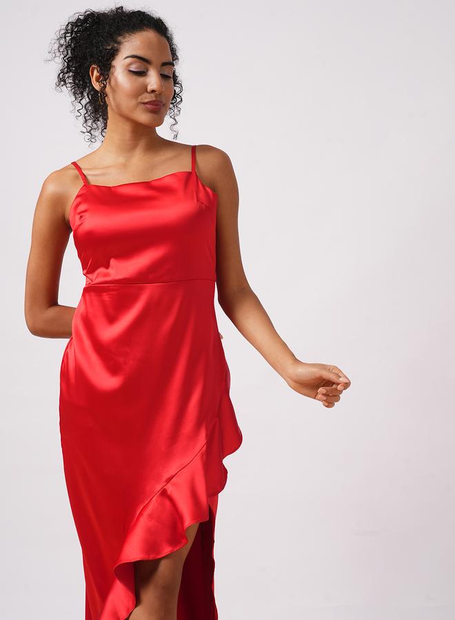 globus Women Red Solid Satin Asymmetric Hem Sheath Maxi Dress with Ruffle Detail - Image 5