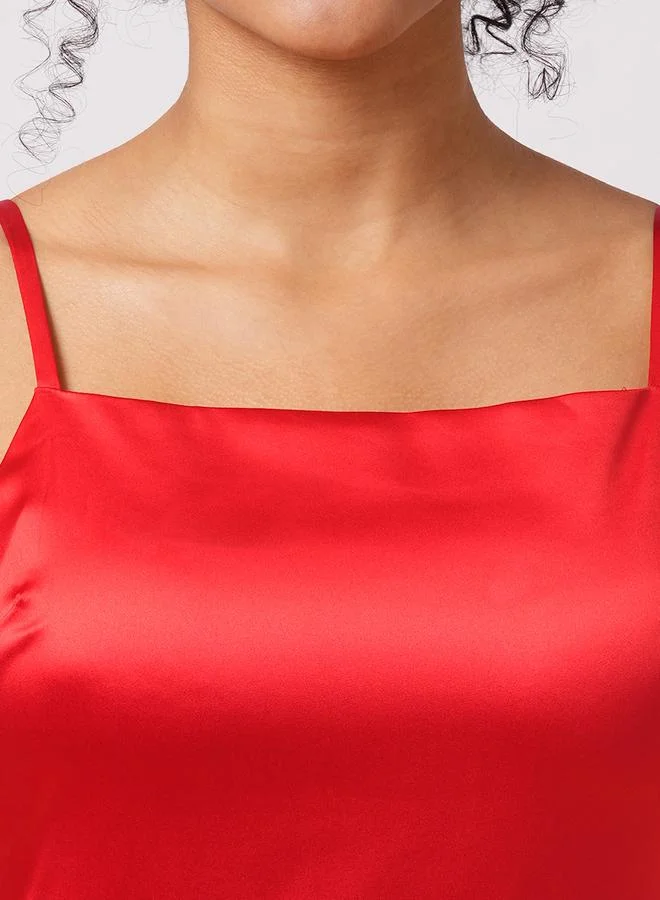جلو باص Globus Women Red Solid Satin Asymmetric Hem Sheath Maxi Dress with Ruffle Detail