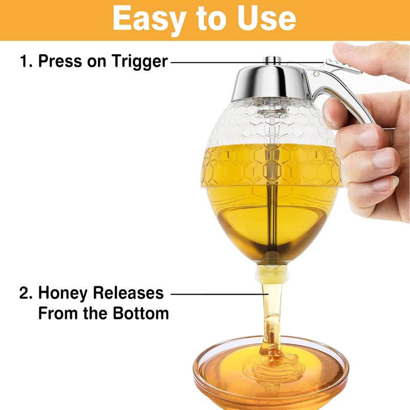 MOYAC Honey Dispenser No Drip Glass 8 oz with Plastic Top, Beautiful Honeycomb Shaped Honey Jar with Stand - 6" Clear Container, Honey Pot, Maple Syrup Dispenser, Perfect Bee Decoration for Home Kitchen - Image 3