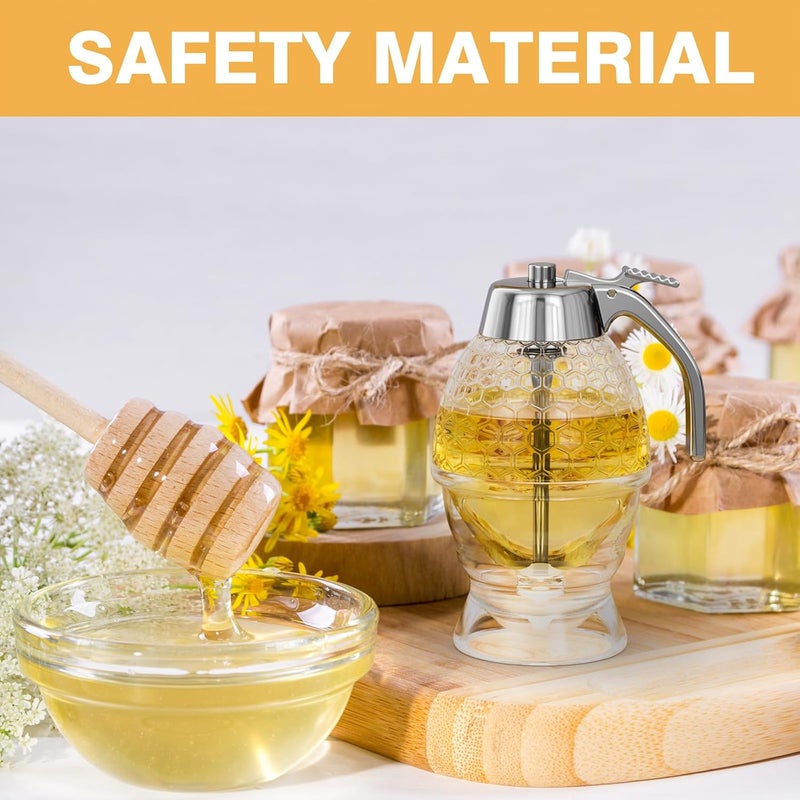 MOYAC Honey Dispenser No Drip Glass 8 oz with Plastic Top, Beautiful Honeycomb Shaped Honey Jar with Stand - 6" Clear Container, Honey Pot, Maple Syrup Dispenser, Perfect Bee Decoration for Home Kitchen - Image 4