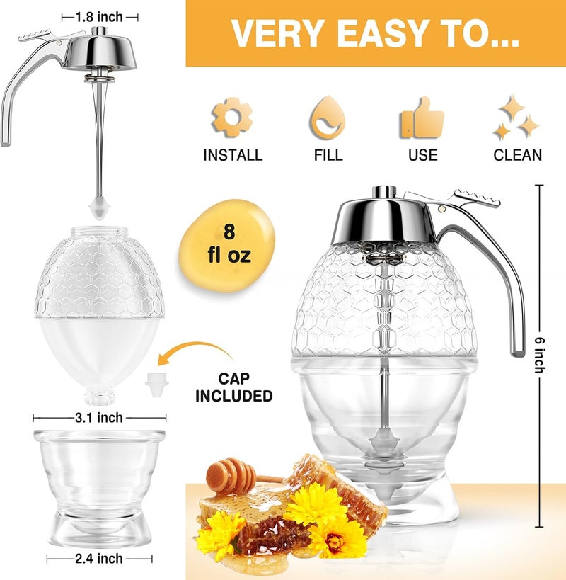 MOYAC Honey Dispenser No Drip Glass 8 oz with Plastic Top, Beautiful Honeycomb Shaped Honey Jar with Stand - 6" Clear Container, Honey Pot, Maple Syrup Dispenser, Perfect Bee Decoration for Home Kitchen - Image 2