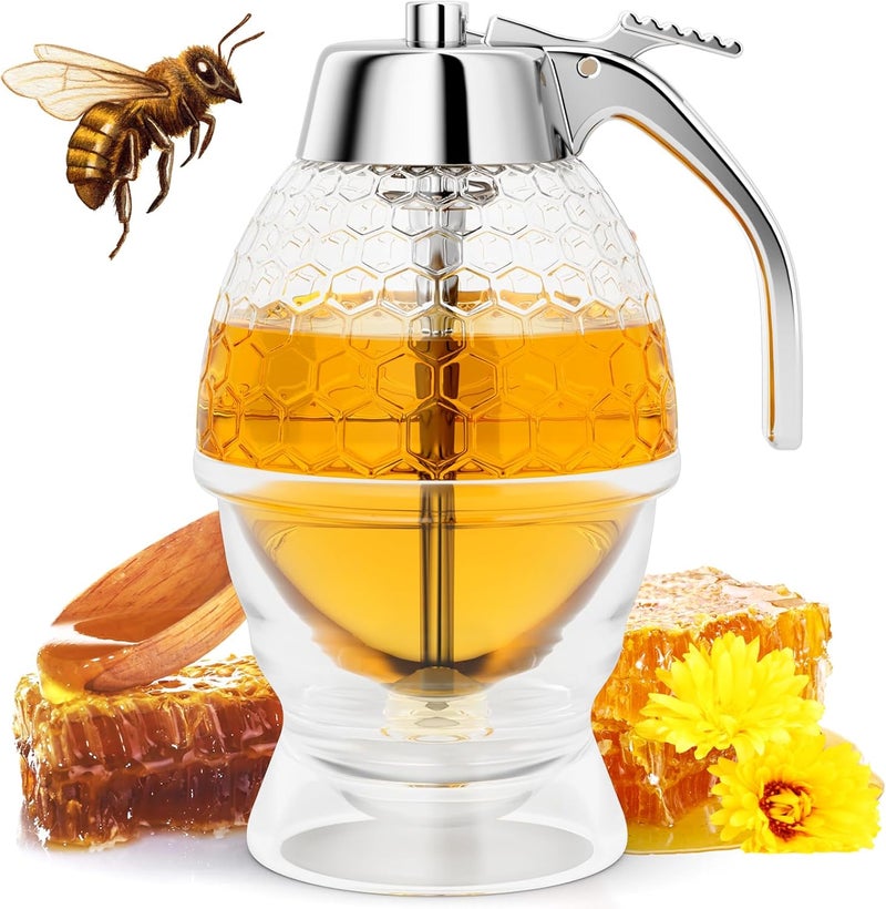 MOYAC Honey Dispenser No Drip Glass 8 oz with Plastic Top, Beautiful Honeycomb Shaped Honey Jar with Stand - 6" Clear Container, Honey Pot, Maple Syrup Dispenser, Perfect Bee Decoration for Home Kitchen - Image 1