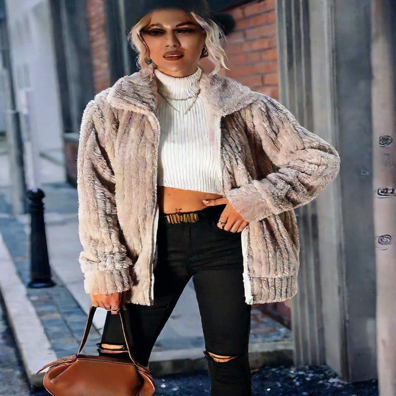سترة صوفية نسائية بسحاب طويل الأكمام وياقة مطوية - Image 3