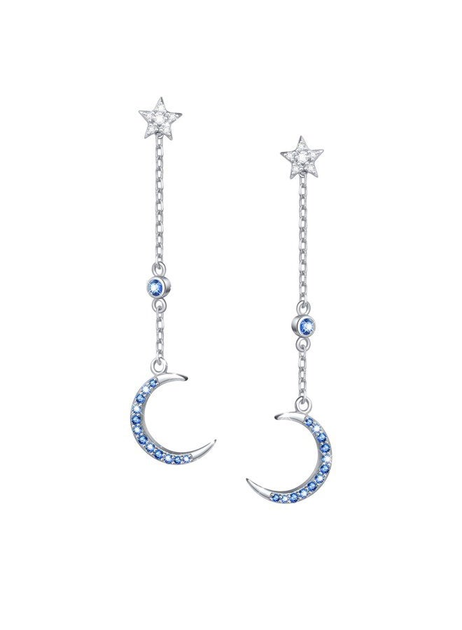 DAOCHONG Valentine Day Gifts 925 Sterling Silver Crescent Moon Star Long Dangle Earrings for Women Girl Mother Cubic Zirconia - Image 1