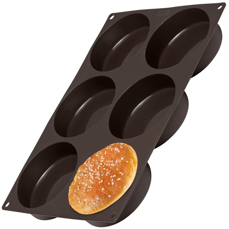 LURCH Germany Flexiform Non Stick Silicone Hamburger Bun Baking Pan  Perfect Mold For Little Cakes Or Bread  6 Cavities For Burger Buns  Brown  3 Buns