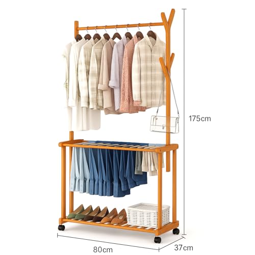 LEOPAX Rolling Coat Rack, Bamboo Garment Rack, Clothes Hanging Rail With 2 Shelves 4 Hooks for Shoes, Hats & Scarves, Clothes Stand For Hallway, Living Room, Guest Room (Size : 80x37x175cm) - Beige - Image 5