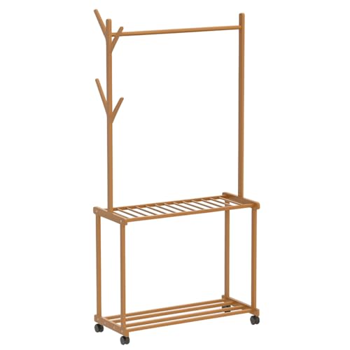 LEOPAX Rolling Coat Rack, Bamboo Garment Rack, Clothes Hanging Rail With 2 Shelves 4 Hooks for Shoes, Hats & Scarves, Clothes Stand For Hallway, Living Room, Guest Room (Size : 80x37x175cm) - Beige - Image 2