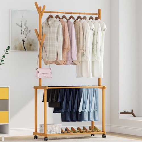 LEOPAX Rolling Coat Rack, Bamboo Garment Rack, Clothes Hanging Rail With 2 Shelves 4 Hooks for Shoes, Hats & Scarves, Clothes Stand For Hallway, Living Room, Guest Room (Size : 80x37x175cm) - Beige - Image 1