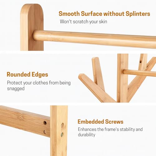 LEOPAX Rolling Coat Rack, Bamboo Garment Rack, Clothes Hanging Rail With 2 Shelves 4 Hooks for Shoes, Hats & Scarves, Clothes Stand For Hallway, Living Room, Guest Room (Size : 80x37x175cm) - Beige - Image 3